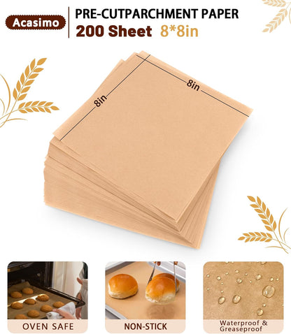 Parchment Paper Sheets - 200 Precut 8x8 Inch Non-Stick Baking Squares | Ideal for Grilling, Air Frying, and Roasting