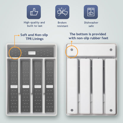 CherHome Silverware Organizer with Cutlery Icons，Silverware Tray for Kitchen Drawer，Plastic Flatware Tableware Silverware Drawer Organizer Utensil Organizer with Non-slip TPR Linings，5-Compartment