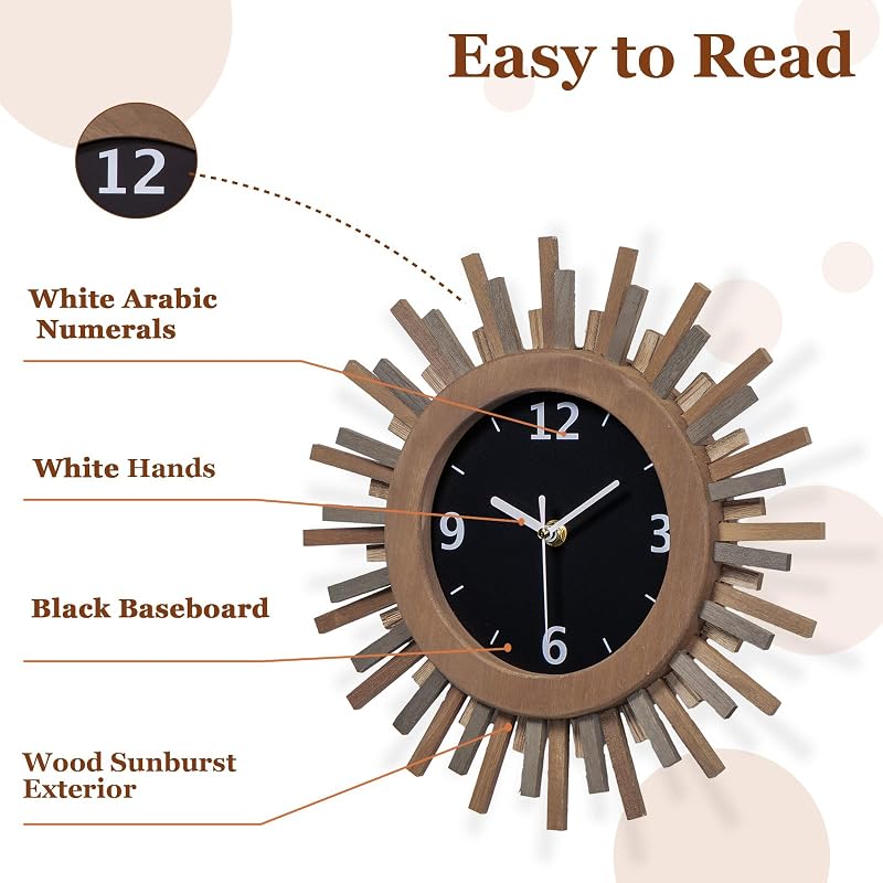 Tricolor 12 Inch Silent Sunburst Rustic Wood Wall Clock - Battery Operated