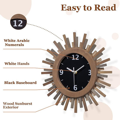 Tricolor 12 Inch Silent Sunburst Rustic Wood Wall Clock - Battery Operated