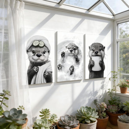 Skiennix Cute Otter Canvas Wall Art - Funny Black and White Bathroom Decor | 3-Piece Set