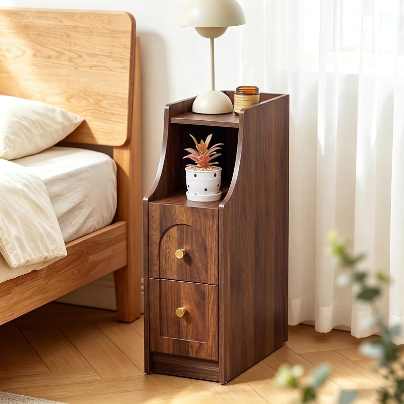 Ultra Narrow Nightstand Set of 2 with Charging Station — Walnut 2 Packs, 2 Drawers & Open Shelf