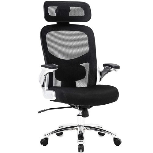 Big and Tall Office Chair 500lbs Wide Seat Executive Desk Chair with Lumbar Support Flip UP Arms Headrest High Back Computer Chair Ergonomic Mesh Chair for Heavy People, Black