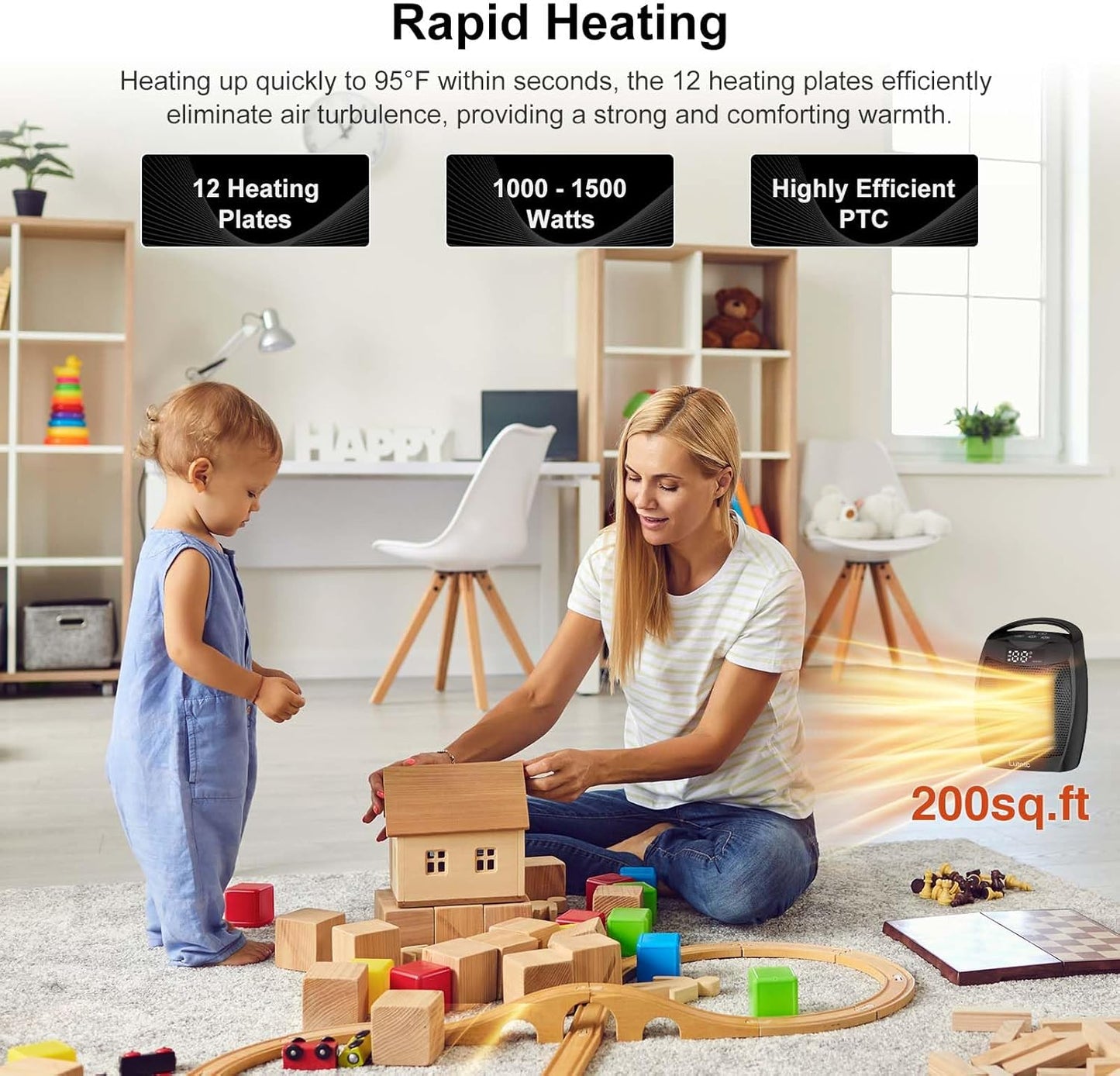 Portable Ceramic Space Heater - 1500W Fast Heating with Digital Display & Touch Controls | Ideal for Home & Office