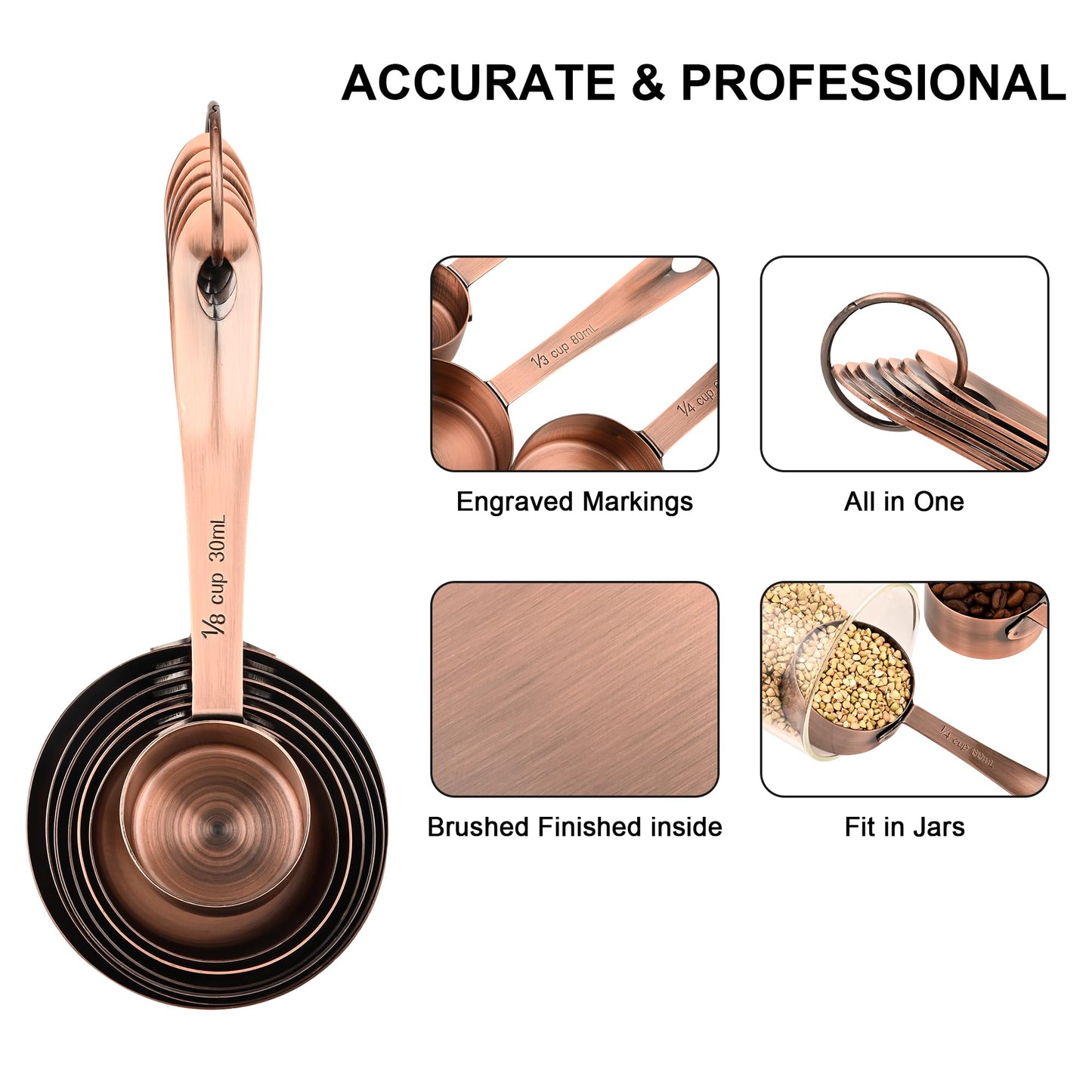 Smithcraft Measuring Cups and Spoons Set, Copper Measuring Cups and Spoons Set for Baking & Kitchen, Stainless Steel Measure Cup and Spoon for Dry &Liquid, Metal 7 Measure Cups&6 Spoons