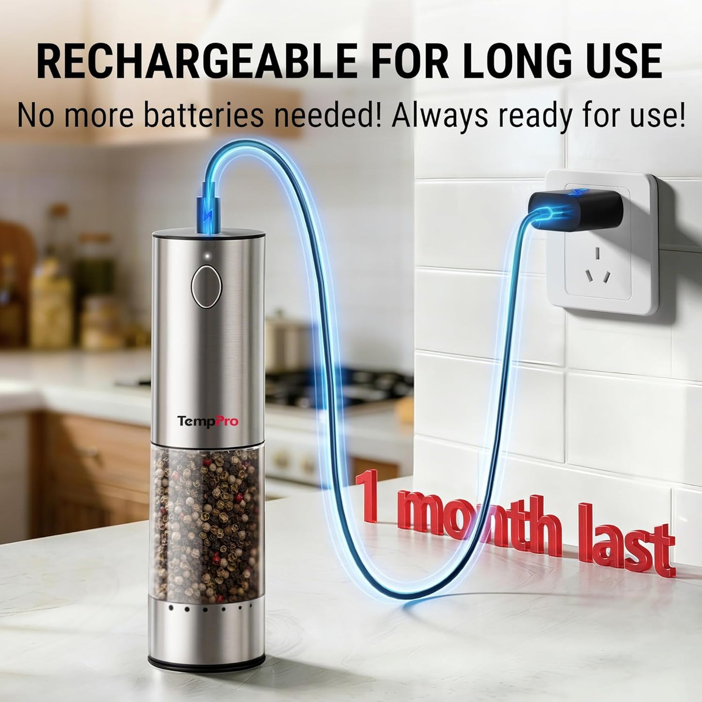 TempPro Electric Salt and Pepper Grinder Set - Rechargeable Automatic Shakers with LED | 100ml, 2-Pack