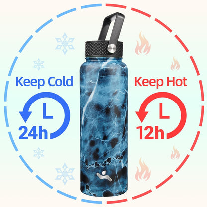 Skiennix 40oz Insulated Stainless Steel Water Bottle - Marble Ocean Finish with 3 Lids