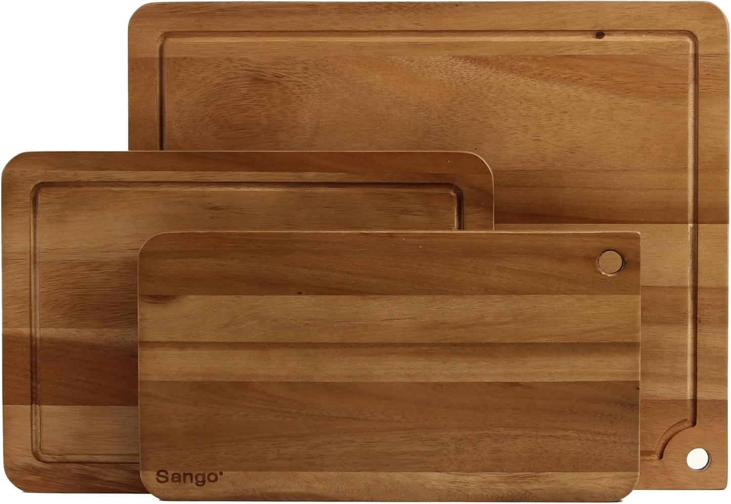 Sango Acacia Cutting Board Set - 3-Piece Wood Chopping Boards with Juice Grooves & Hanging Holes | Stackable, Reversible, Non-Toxic