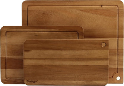 Sango Acacia Cutting Board Set - 3-Piece Wood Chopping Boards with Juice Grooves & Hanging Holes | Stackable, Reversible, Non-Toxic