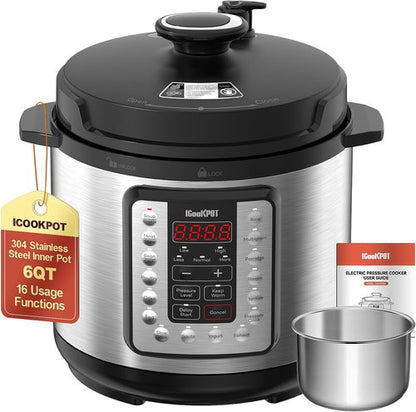 Instant Pot 16-in-1 Electric Pressure Cooker - Programmable 6-Quart Stainless Steel with Slow Cook & Steamer