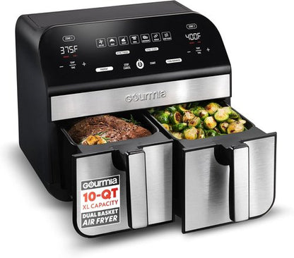 Gourmia Dual Basket Air Fryer - 10 Qt Large Capacity with FryForce360º & 7 Cooking Presets | Black