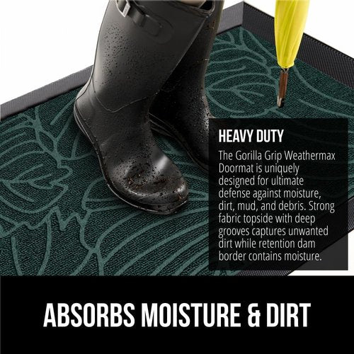 GORILLA GRIP Waterproof All-Season WeatherMAX Doormat - Natural Rubber, Stain & Fade Resistant, 29x17, Green Palm