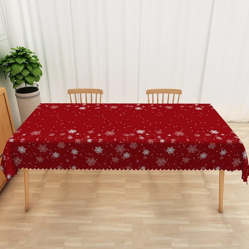Rectangular 70x180 Inch Christmas Tablecloth - White Snowflakes Dots Red Pattern, 100% Polyester