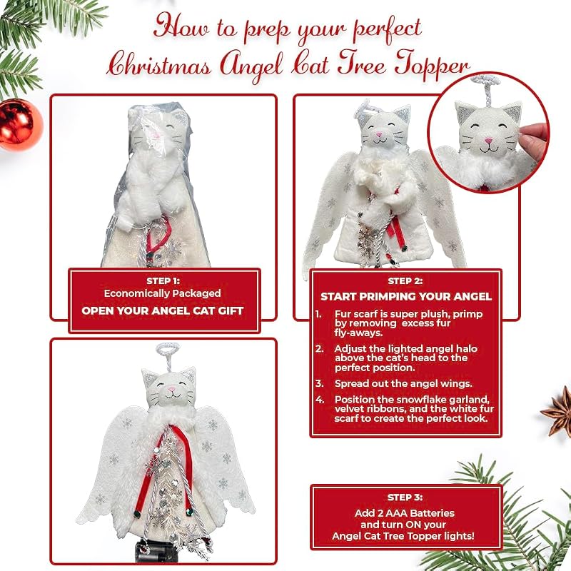 Christmas Cat Angel Tree Topper with LED Halo — White Glowing Wings