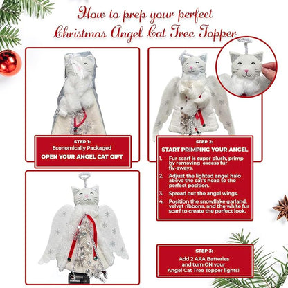Christmas Cat Angel Tree Topper with LED Halo — White Glowing Wings