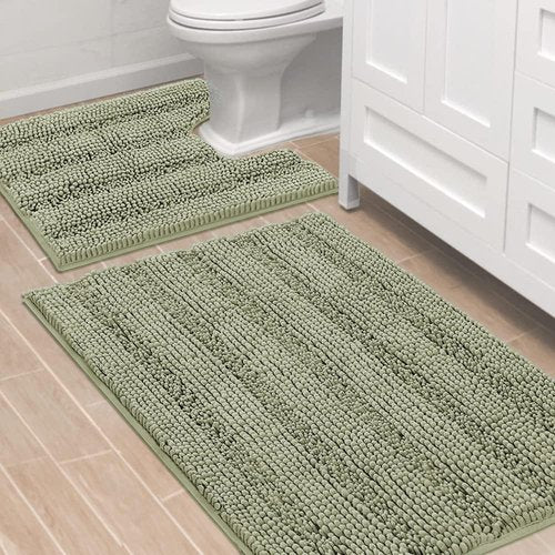 H.VERSAILTEX Bathroom Rug Sets 2 Piece Bath Mats Non Slip Thick Soft Chenille Striped Bath Rug achine Washable Shower Floor Rugs for Tub, Shower and Floor (Eucalyptus Green, 36"x24" Plus 20"x24" U)
