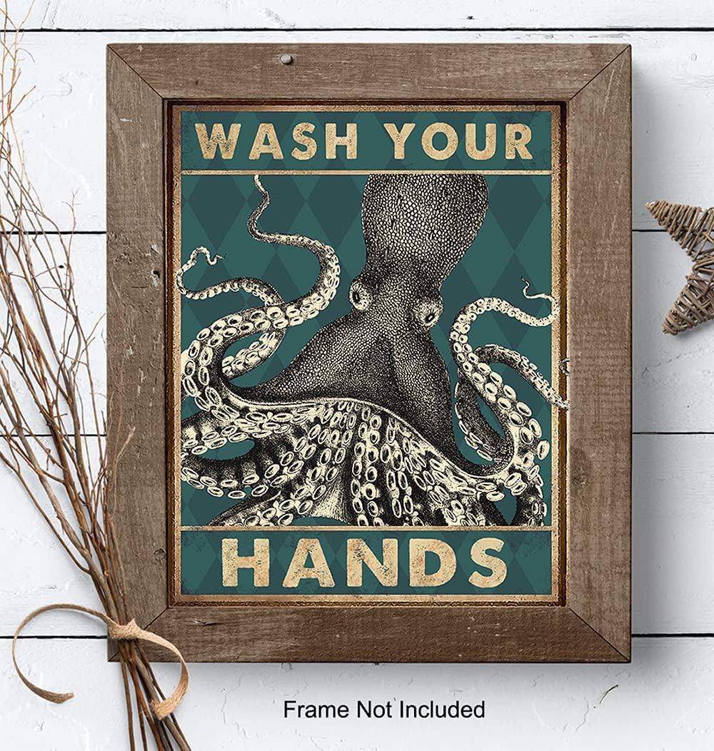 Octopus Nautical Bathroom Wall Art - Funny Beach Decor | Unique Wash Your Hands Sign for Guest Bath