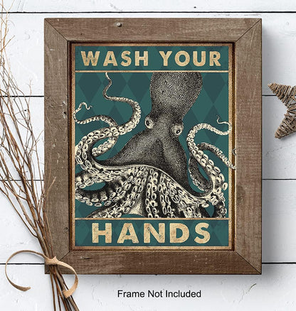 Octopus Nautical Bathroom Wall Art - Funny Beach Decor | Unique Wash Your Hands Sign for Guest Bath
