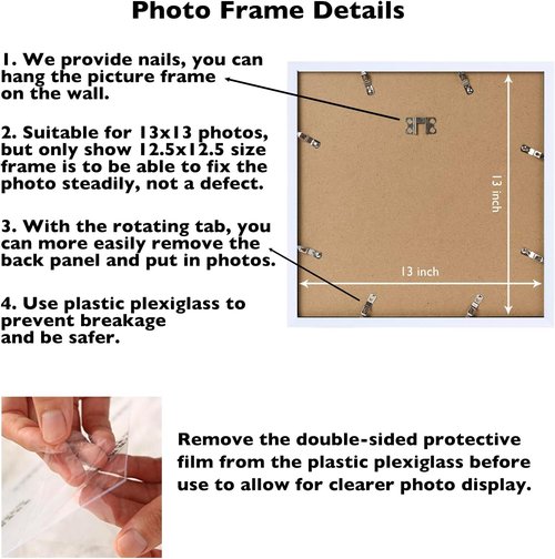 JCJMY 13x13 Picture Frame - White Wall Mount for Horizontal or Vertical Display | Shatter-Resistant Plexiglass