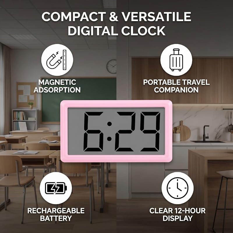 Pink Magnetic Digital Clock with Stand - 12 Hour Display, Desktop & Fridge Mount