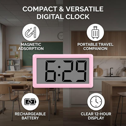Pink Magnetic Digital Clock with Stand - 12 Hour Display, Desktop & Fridge Mount