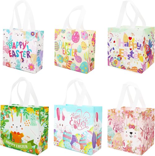 Aviski 6PCS Happy Easter Egg Hunt Bags, Assorted Sizes, Easter Bunny Carrot Chick Egg Treat Bag with Handles, Non-Woven Gifts Wrapping, Egg Hunt, Spring Party Supplies