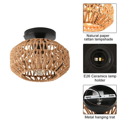 IHENGYANLT 2 Pack Farmhouse Light Fixtures Ceiling Mount,Mini Rattan Boho Semi Flush Mount Ceiling Light,Hand Woven Hallway Light Fixtures for Bedroom Entryway Nursery Study Room