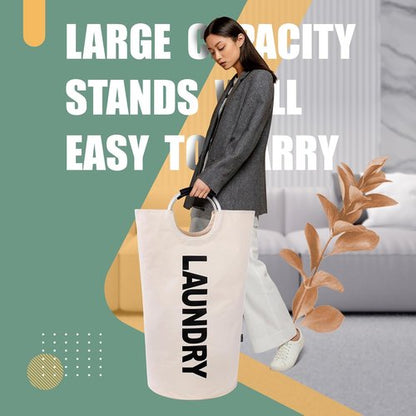 Caroeas 100L Laundry Basket - Large Collapsible Hamper with Padded Handles | Beige, Free-Standing Design
