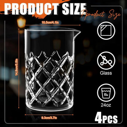 Dandat 4 Pcs Cocktail Mixing Glass 24 oz Crystal Stirring Glass Thick Bottom Seamless Cocktail Pitcher for Home Bartender Bar Whiskey Martini Drink Shaker Accessories (Grid)