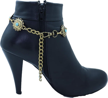 Skiennix Women's Western Antique Metal Boot Chain Anklet - Turquoise Blue Bead Flower Charm