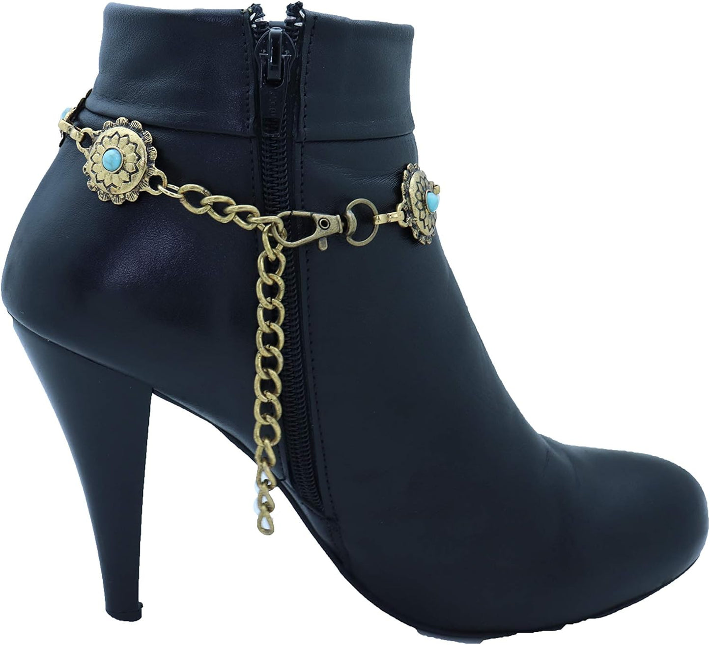 TrendyFashionJewelry | Women's Western Bohemian Boot Chain Bracelet Anklet - Antique Gold with Blue Flower Charm