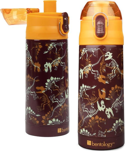 Bentology Stainless Steel Water Bottle for Kids - 13 oz Dinosaur Design, Double Wall Insulated, Spill Proof Lid