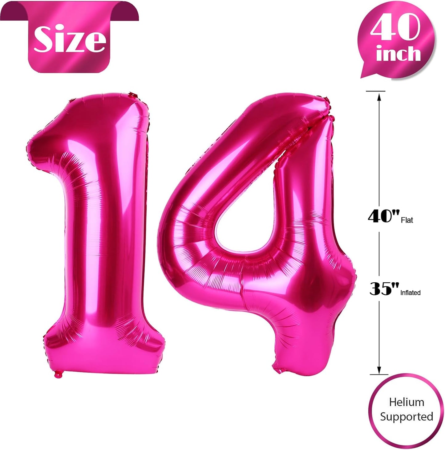 Skiennix Hot Pink Number 14 Balloons - 40 Inch Birthday Decorations for Girls' 14th Party