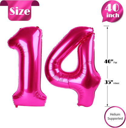 Skiennix Hot Pink Number 14 Balloons - 40 Inch Birthday Decorations for Girls' 14th Party