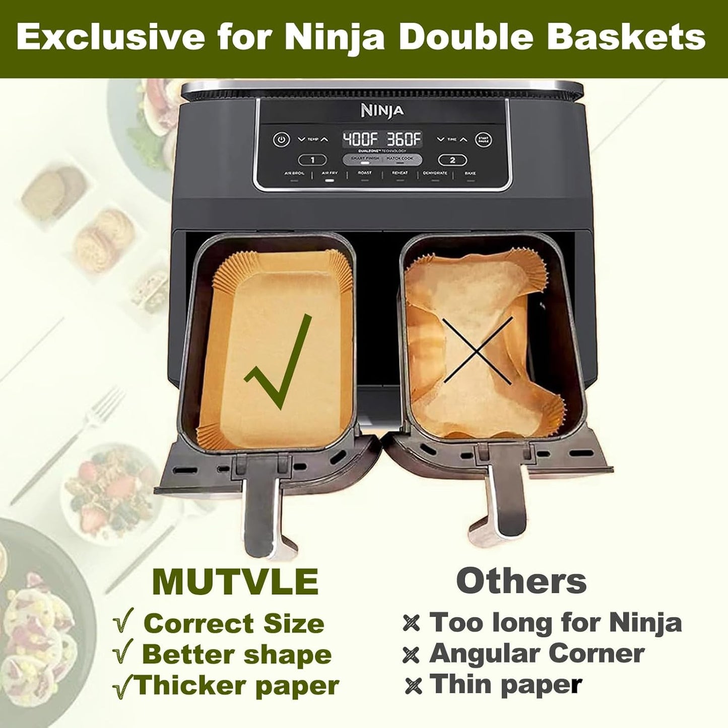 Ninja Air Fryer Liners - Disposable Parchment Paper for Dual DZ201 | Rectangle Accessories