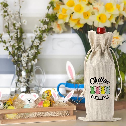 Funny Easter Wine Bag Easter Decorations Easter Holiday Gifts for Women Men Easter Wine Bag Gifts for Wine Lover Easter Party Decorations Chillin with My Peeps Wine Bottle Bag