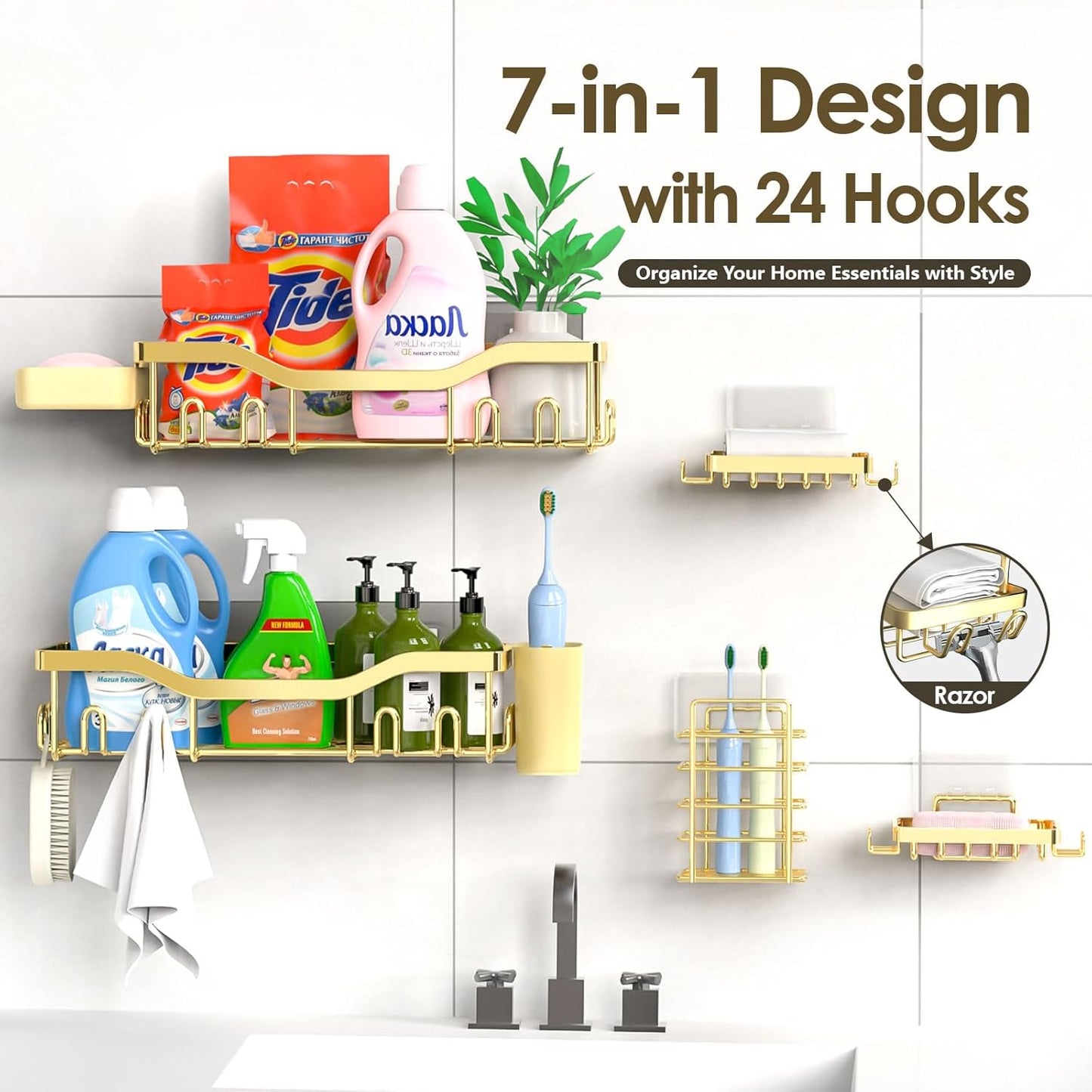NESOMI Shower Caddy - Adhesive Bathroom Organizer with Large Capacity | Rustproof Stainless Steel, 7-Pack