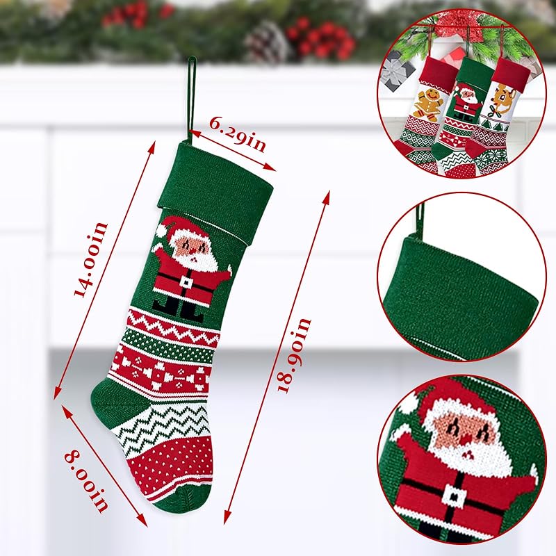 Large Knit Christmas Stockings with Santa Embroidery - Red & Green Xmas Stockings (Variation: Santa)