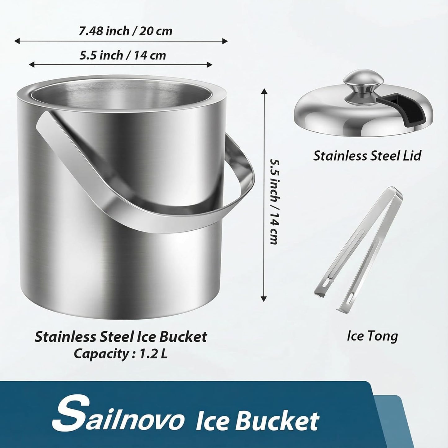 Sailnovo Mini Ice Bucket 1.2 Liter, Premium Compact Double-Wall Stainless Steel with Lid & Ice Tong, Ideal for Cocktails, Personal Bar, Small Parties - Silver