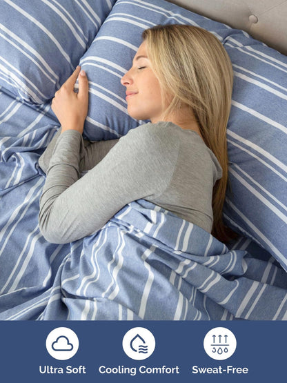 Skiennix Extra Deep Full Sheet Set - 6-Piece Cooling Bedding - Soft, Wrinkle-Free Blue Stripes