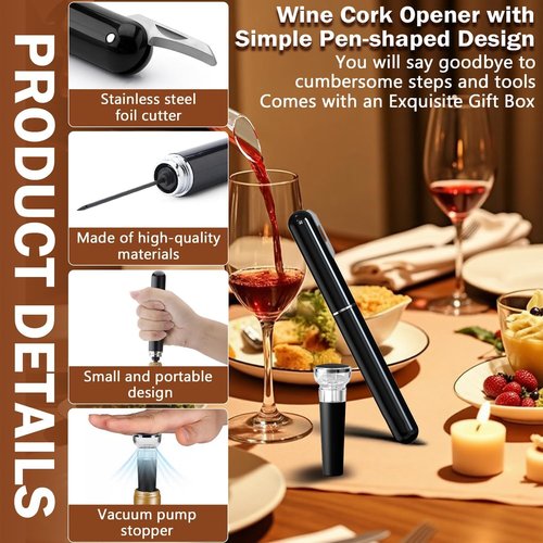 Air Pressure Wine Opener & Vacuum Stopper Set - NUCOKRS Pen Style Corkscrew with Foil Cutter, Opens in 3-7 Pumps, Preserves Wine Freshness, Idea Gift for Wine Lovers