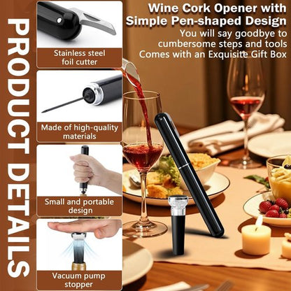 Air Pressure Wine Opener & Vacuum Stopper Set - NUCOKRS Pen Style Corkscrew with Foil Cutter, Opens in 3-7 Pumps, Preserves Wine Freshness, Idea Gift for Wine Lovers