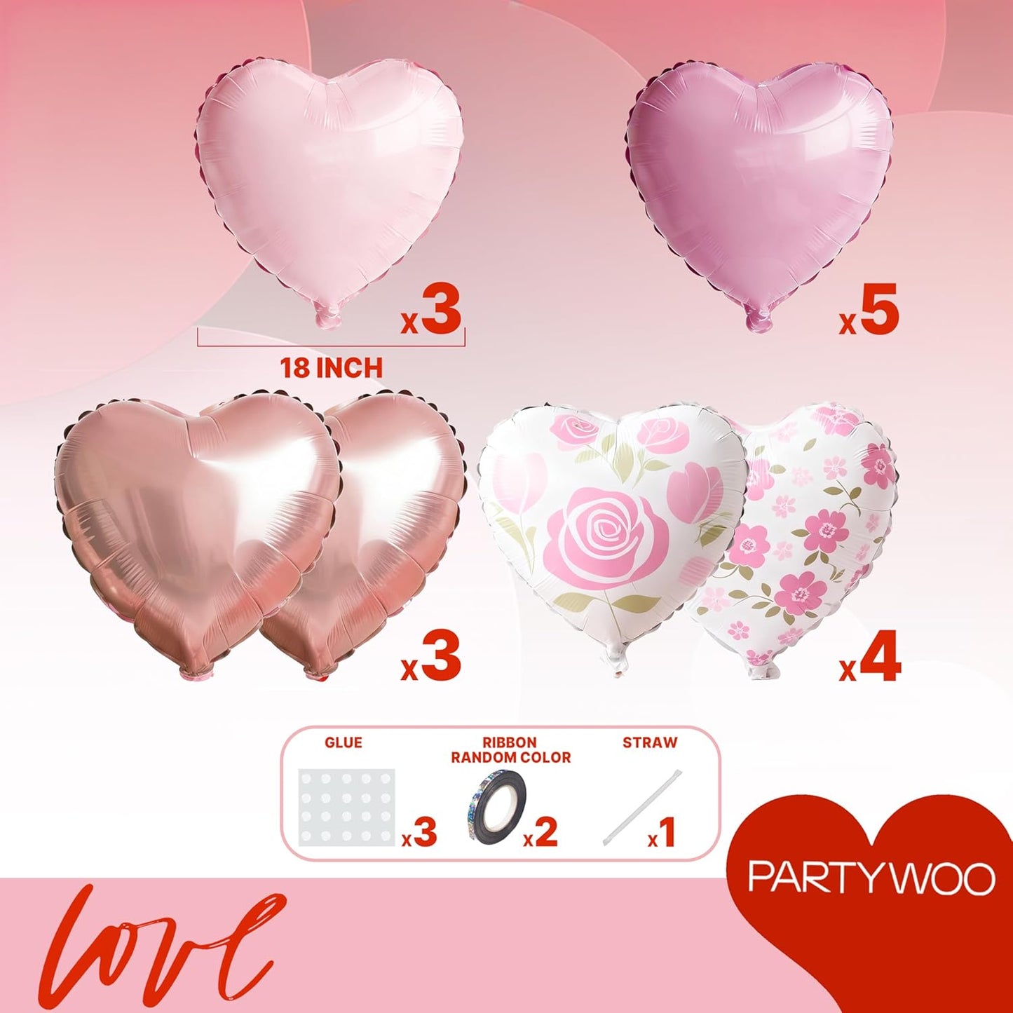 PartyWoo Pink Balloons - 127 Pcs in Various Sizes with Heart Foil for Valentine's Day & Weddings
