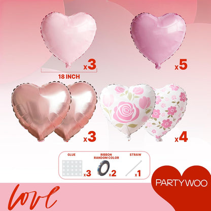 PartyWoo Pink Balloons - 127 Pcs in Various Sizes with Heart Foil for Valentine's Day & Weddings