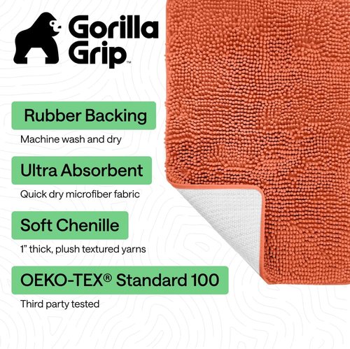 GORILLA GRIP Bath Rug Mat - Thick Soft Absorbent Chenille | Quick Dry Microfiber 36x24 Coral