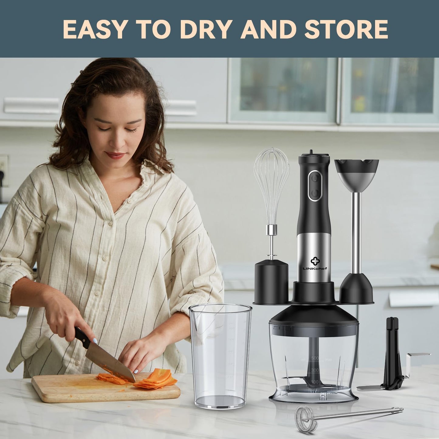 LINKChef 7 in 1 Immersion Blender Handheld, 800W Hand Blender Set, Scratch Resistant with 2 Titanium Steel Blades, 20 Speed and Turbo Mode, Includes Whisk, Milk Frother, Food Processor & Beaker