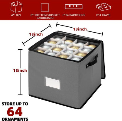 Inin Christmas Ornament Storage Box - Adjustable Dividers & Zippered Top | Holds 64 Balls, Gray with Tray
