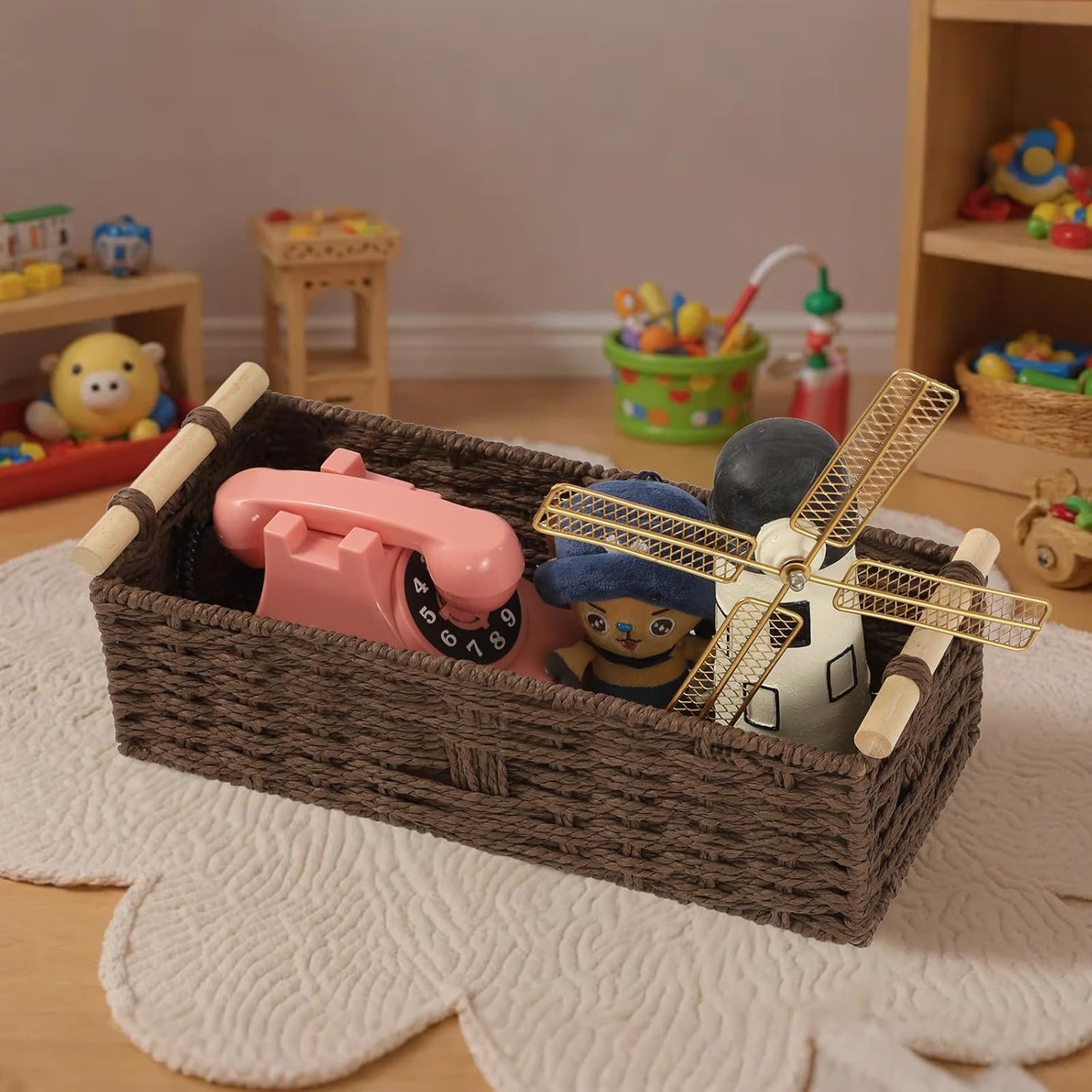 Wicker Basket | Toilet Paper Storage with Wooden Handle - Decorative Organizing Solution for Any Decor
