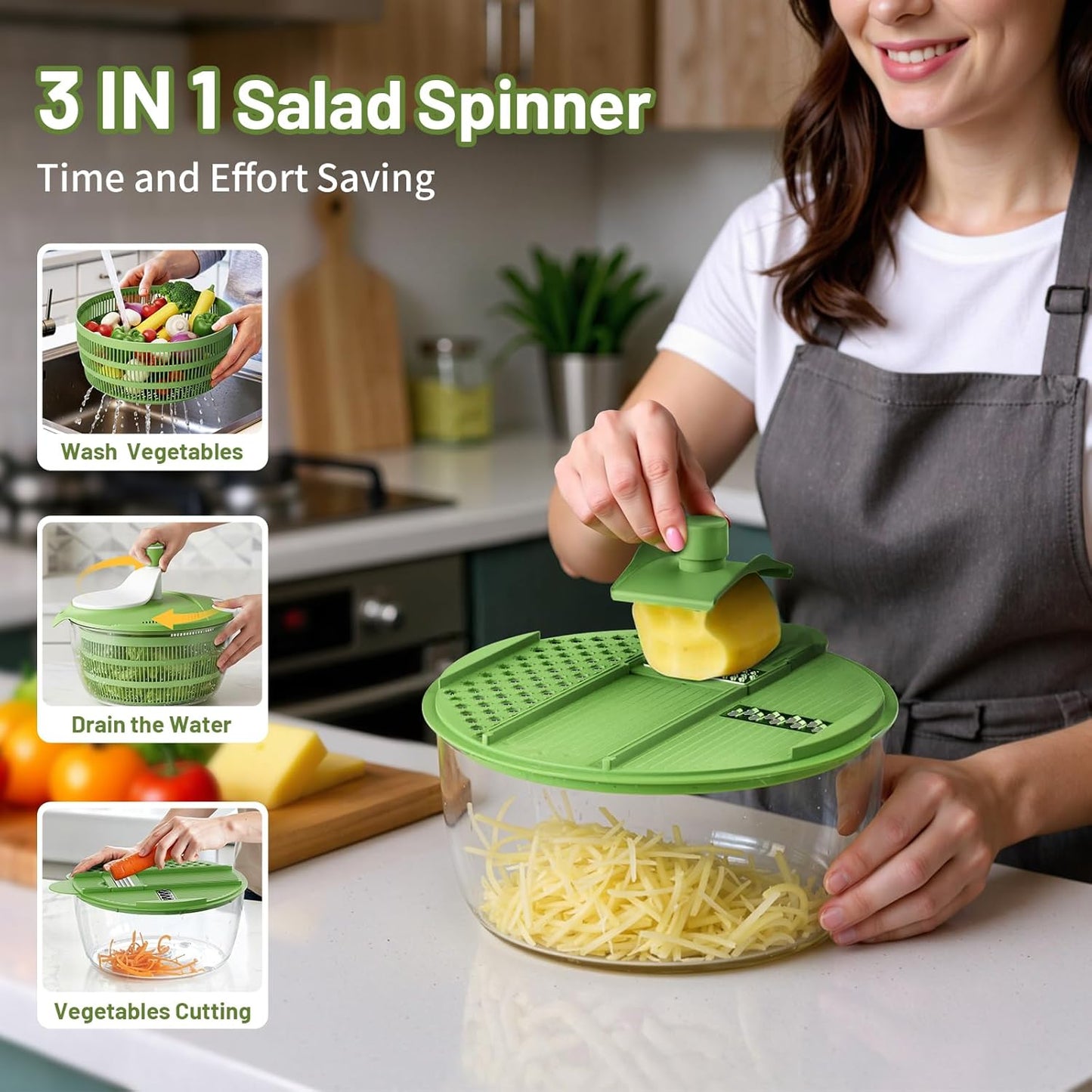 Salad Spinner - Skiennix 5.3 QT Lettuce Spinner with Strainer & 4 Replaceable Blades | Green