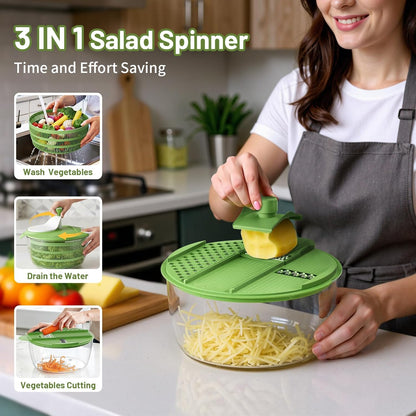 Salad Spinner - Skiennix 5.3 QT Lettuce Spinner with Strainer & 4 Replaceable Blades | Green